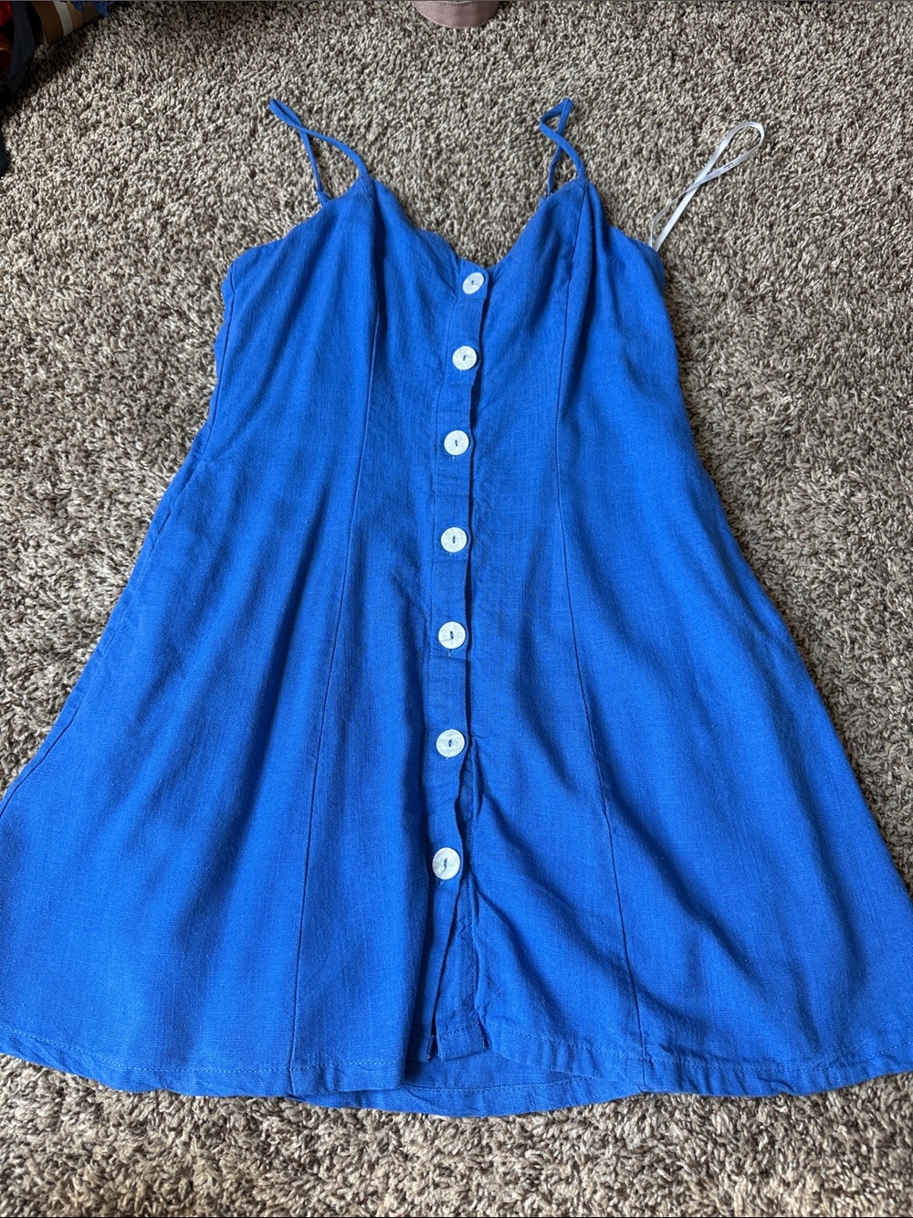 Lulu's Cobalt Blue Button-Front Spaghetti Strap Mini Dress